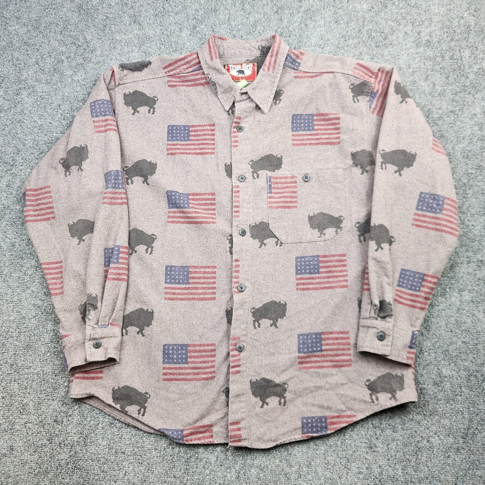Vintage True Grit Shirt Mens XL USA Flag Buffalo‎ Flannel Button Long Sleeve